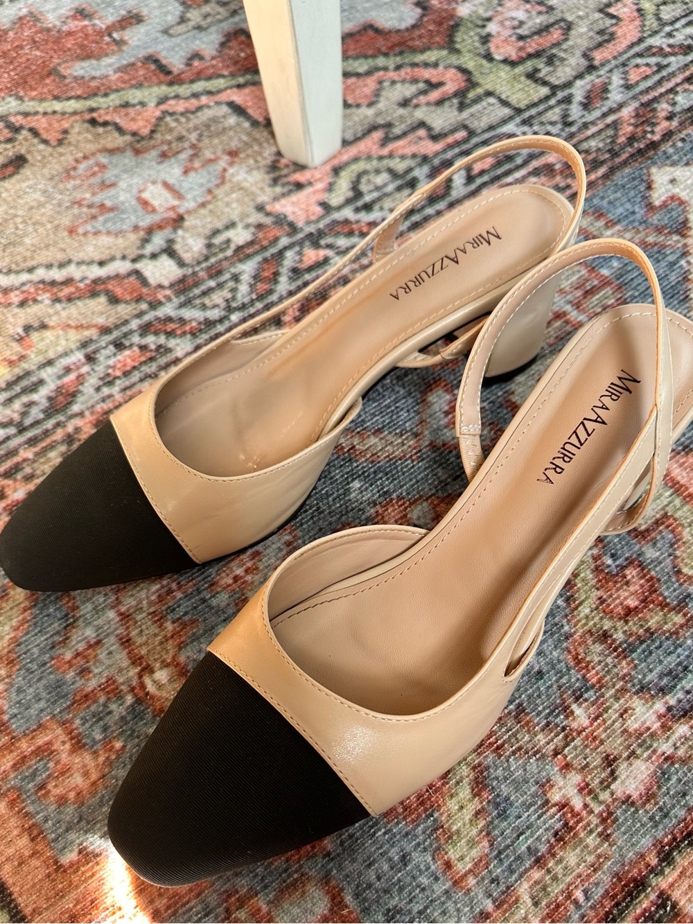 Mira Azzurra Size 9 Nude Black Cap Toe Slingback Block Heel Pumps